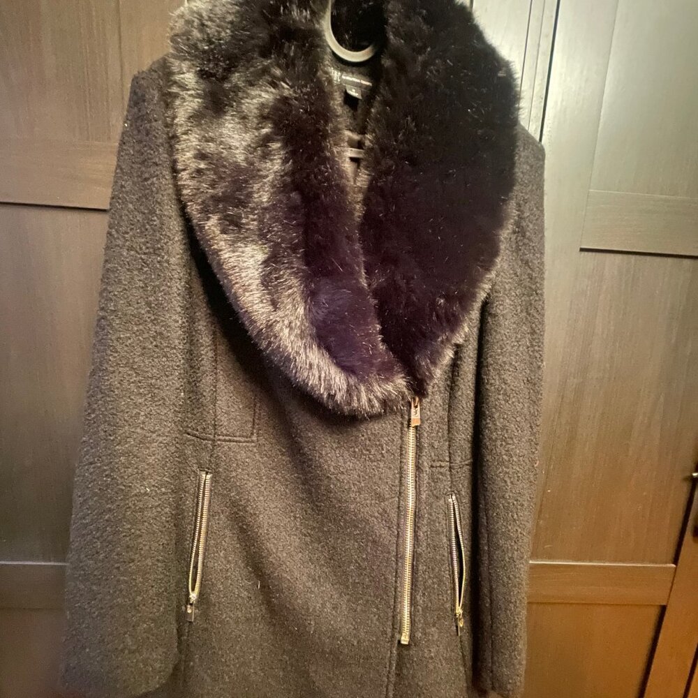INC International Concepts Womens Over Coat Black Asymmetric Zip Fur Trim (M)